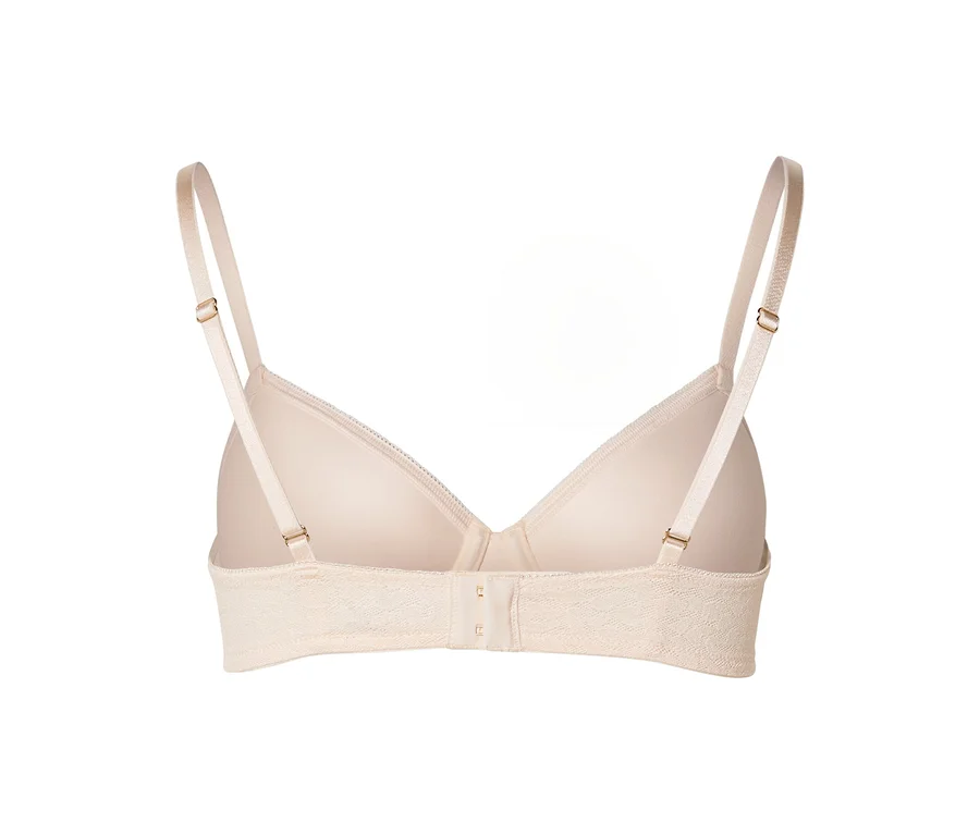 Rückenansicht eines beigefarbenen BHs mit verstellbaren Trägern, einem strukturierten Band und einem Hakenverschluss.