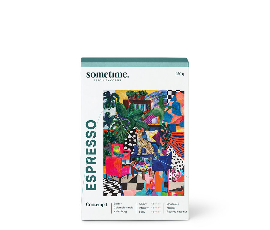 Packung sometime - CONTEMP 1 Espresso - 250 g Ganze Bohne mit Illustration einer Inneneinrichtung.