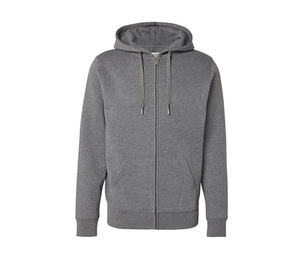Grauer Kapuzenpullover mit durchgehendem Reißverschluss, Kapuze, Kordelzügen, gerippten Bündchen, geripptem Saum und zwei Vordertaschen, auf weißem Hintergrund.