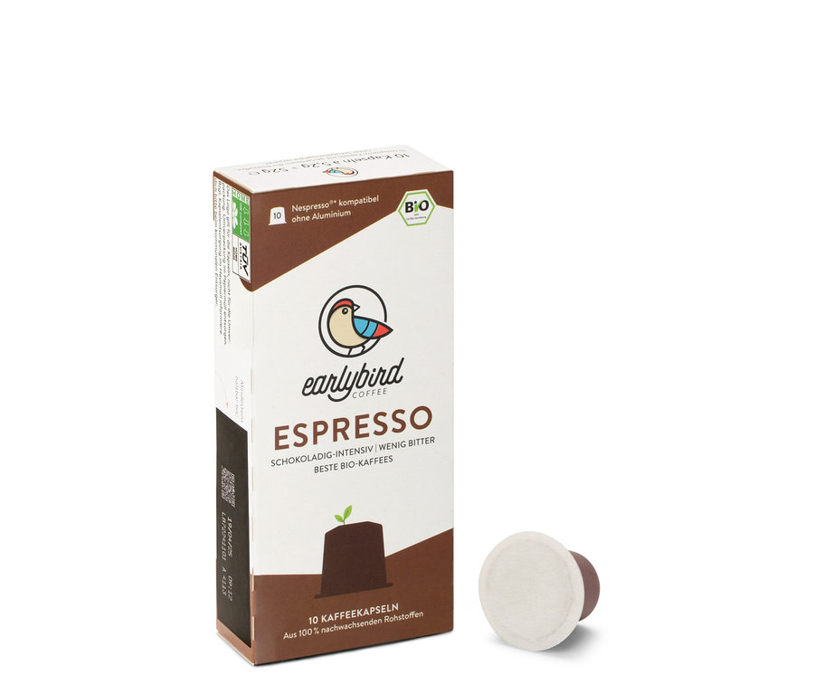 Packung earlybird - Bio Espresso - 10 Kapseln mit einer Kapsel.