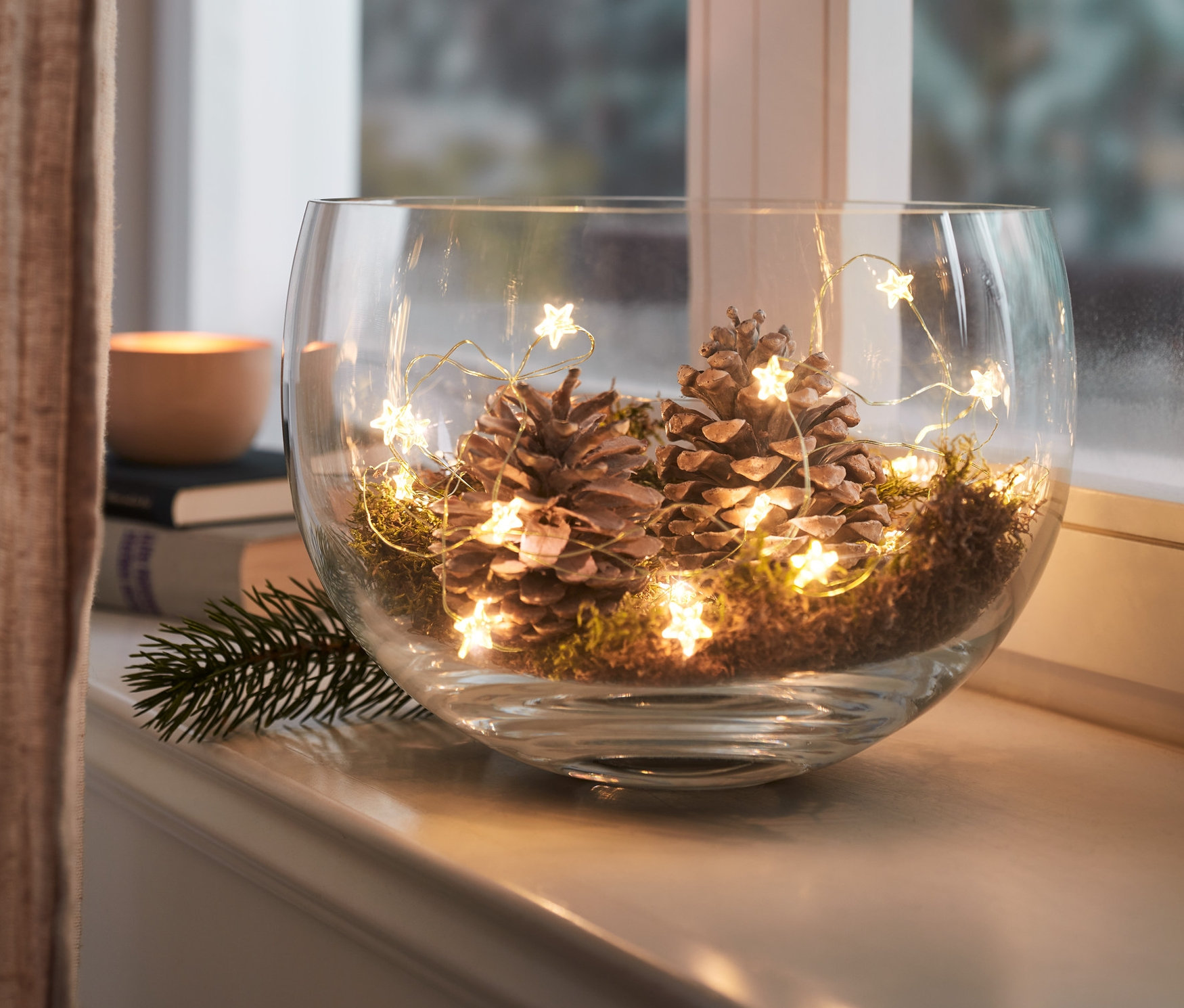 Glasschale mit Zapfen, Moos und LED-Micro-Lichterkette »Sterne«.