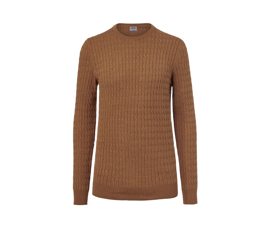 Senfgelb melierter Strickpullover.