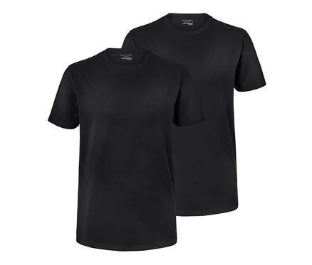 Zwei schwarze T-Shirts mit kurzen Ärmeln und Rundhalsausschnitt.