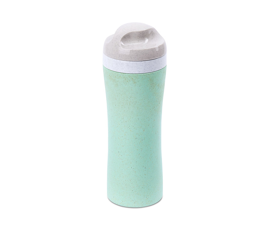 Eine grüne KOZIOL-Trinkflasche mit grauem Deckel.