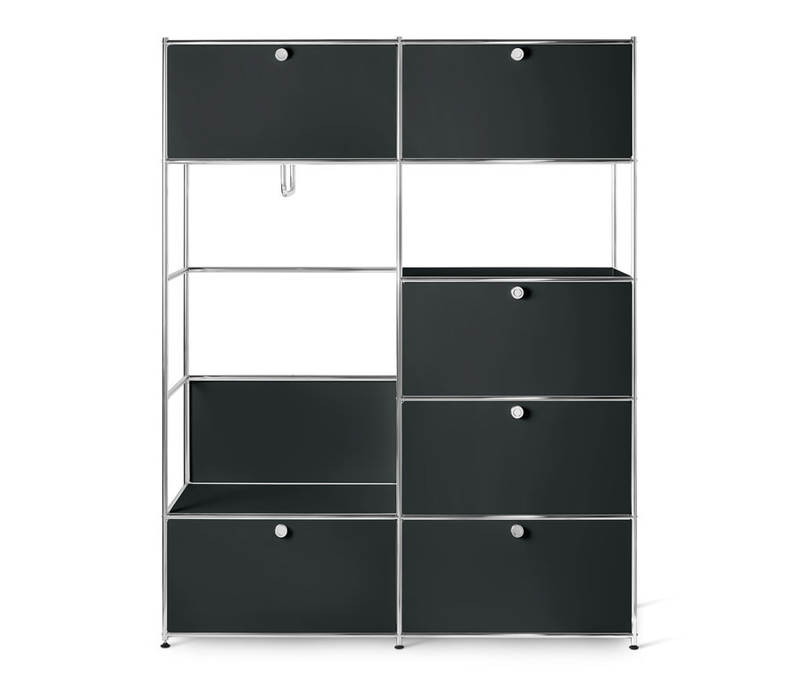 Schwarzer Systemschrank Metall »CN3« mit Regalen und Schubladen.
