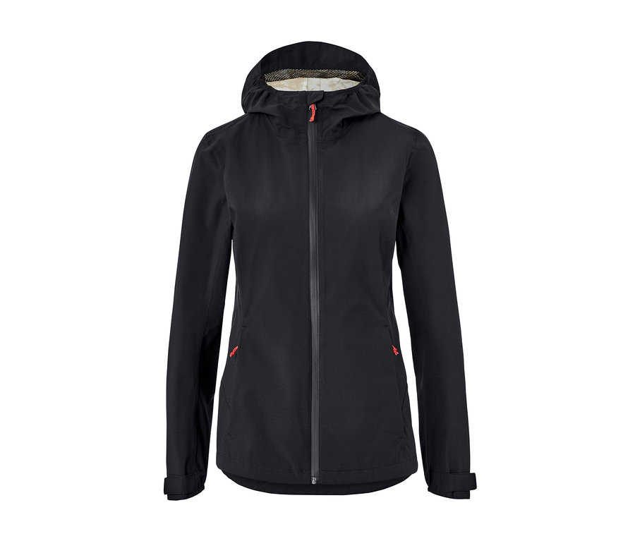 Schwarze Funktions-Regenjacke mit Kapuze.