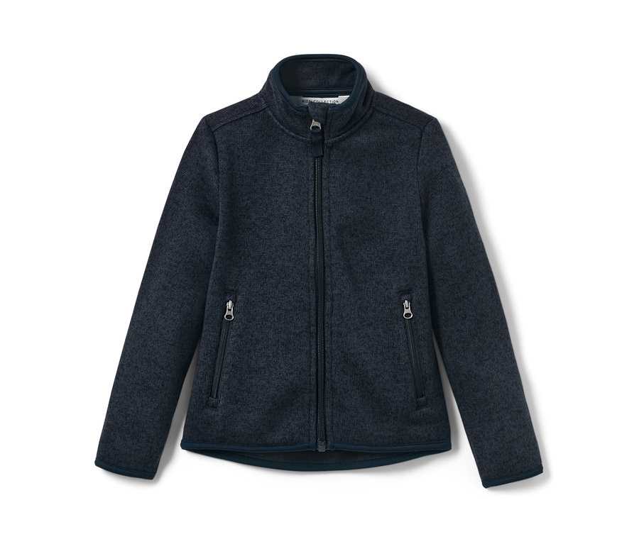 Eine marineblaue Kinder-Strickfleecejacke mit Reißverschluss in der Mitte.