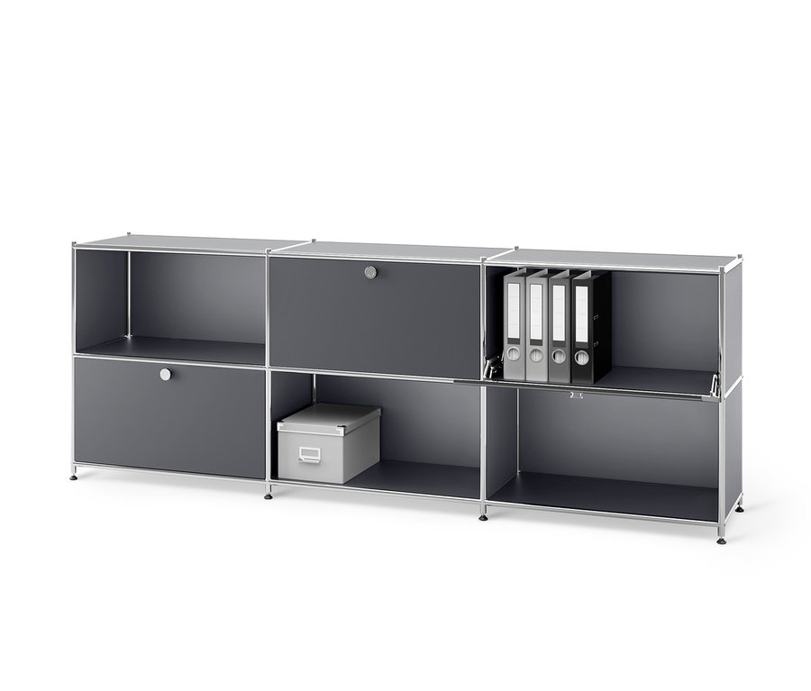 Graues Sideboard Metall »CN3« mit 3 versetzbaren Klappenfächern.
