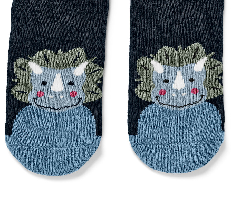 Detailansicht von 2 Paar Kinder-Antirutsch-Socken mit Dino-Motiv.