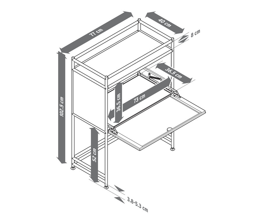 Skizze einer grünen Konsole »CN3« mit Klappfach und den dazugehörigen Maßen.