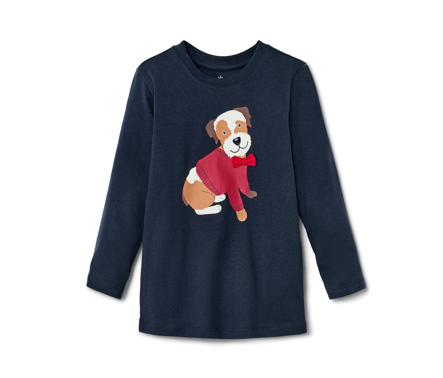 Dunkelblaues Kleinkinder-Langarmshirt mit einem Hund mit roter Fliege.