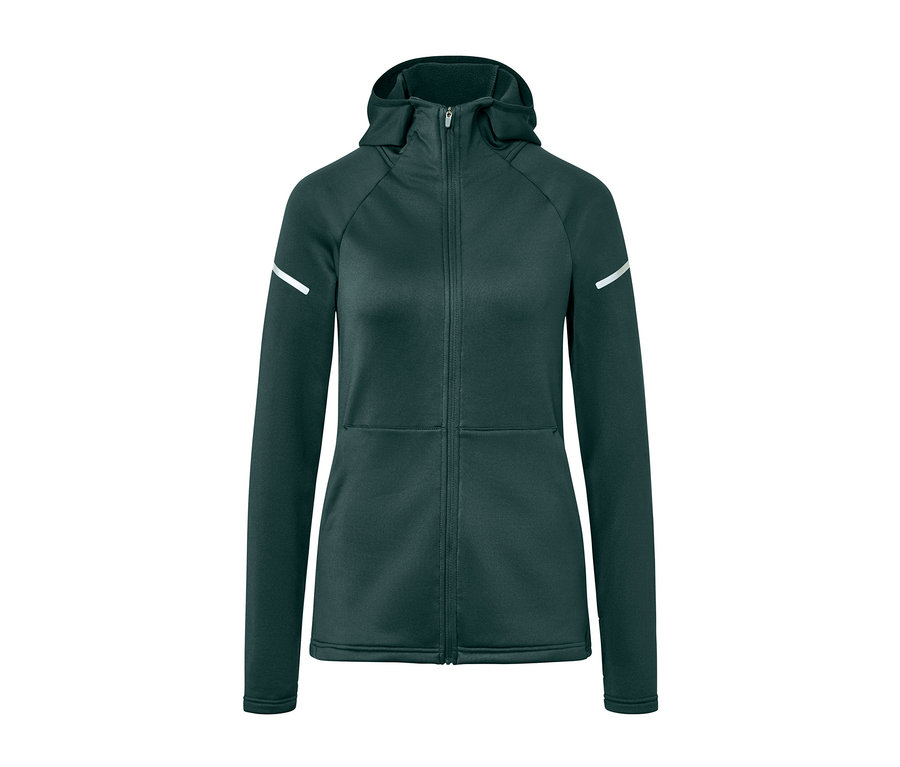 Dunkelgrüne Thermojacke mit Reißverschluss und Kapuze.