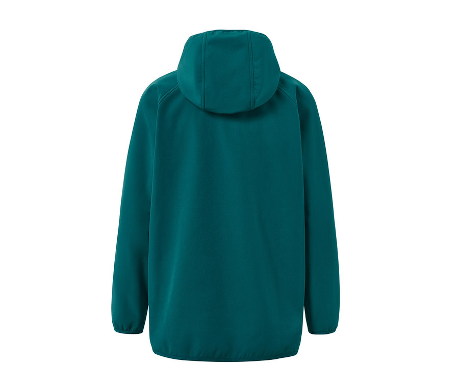 Rückansicht einer Softshelljacke mit Kapuze.