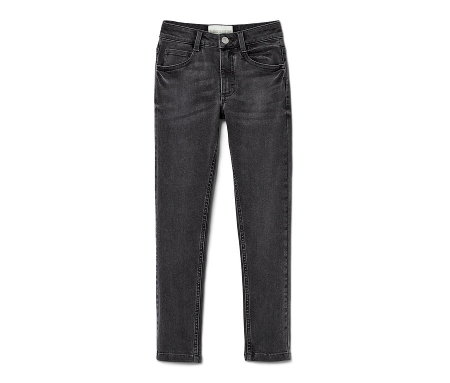 Graue Kinder-High-Waist-Jeans – Fit »Lotta« vor weißem Hintergrund.