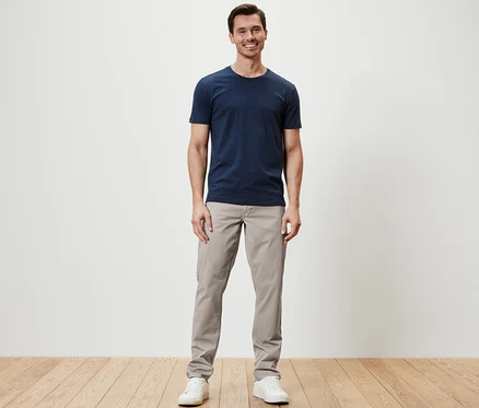 Mann steht und trägt eine 5-Pocket-Hose, ein T-Shirt und Turnschuhe.
