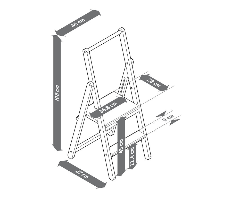 Skizze einer Trittleiter aus Massivholz mit Bemaßung.