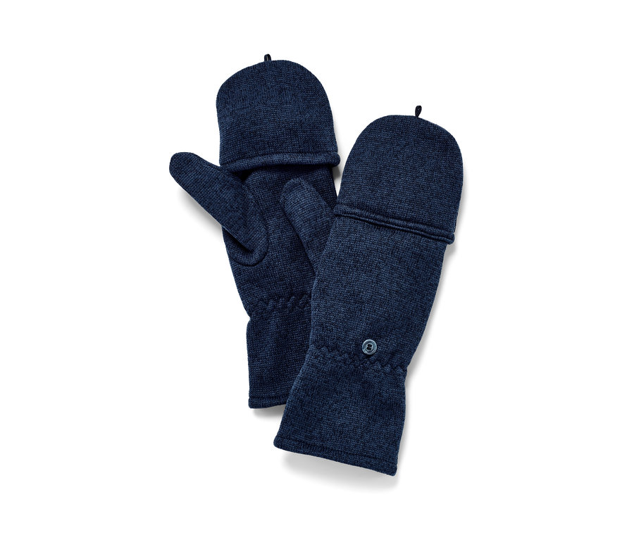 Zwei dunkelblaue Strickfleece-Klappfäustlinge liegen auf einem weißen Hintergrund.