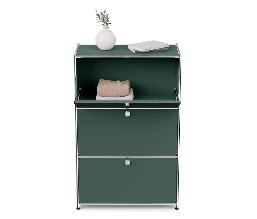 Kommode Metall »CN3« mit 3 Klappenfächern, oben Vase und Buch.