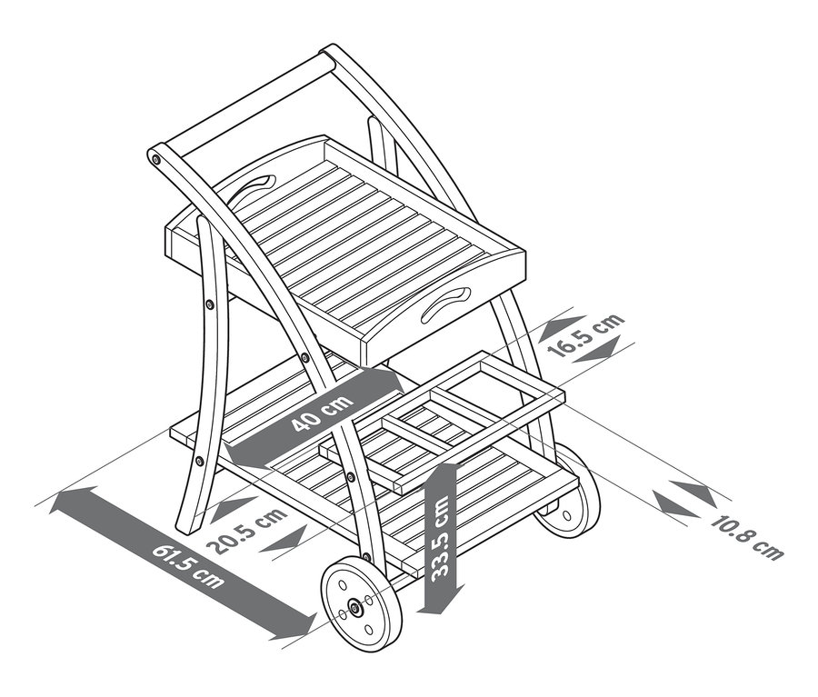 Abbildung eines Barwagens mit abnehmbarem Tablett und Abmessungen.