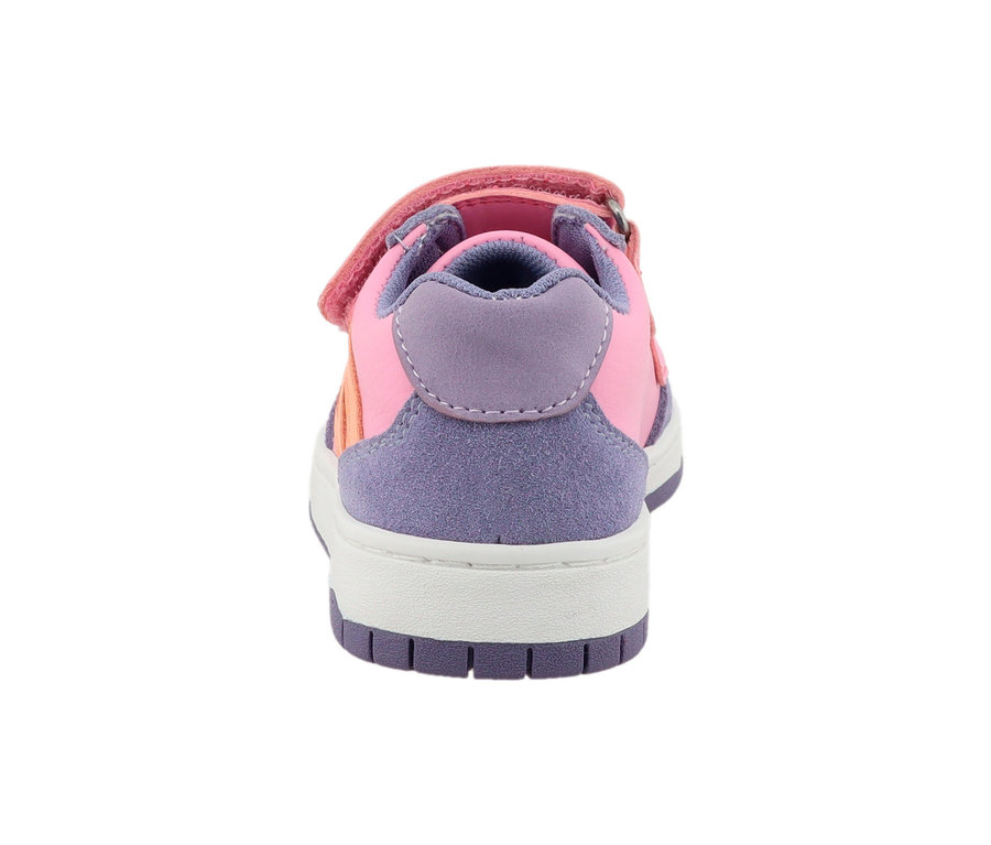 Rückansicht eines lila-orangen Lurchi Sneakers.