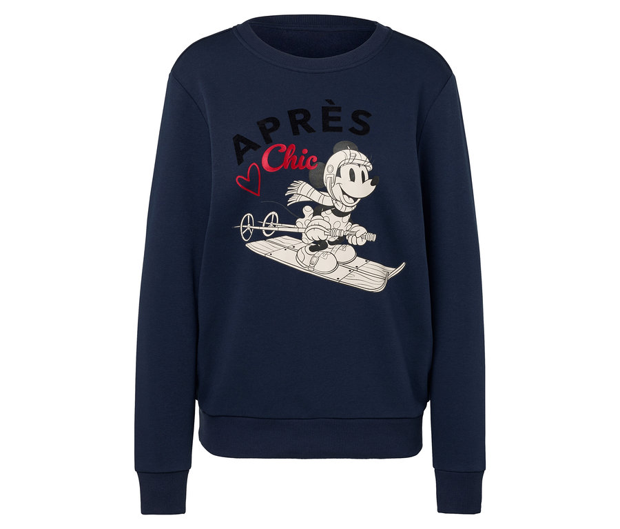 Dunkelblaues Sweatshirt mit Mickey-Mouse-Druck auf einem Schlitten.