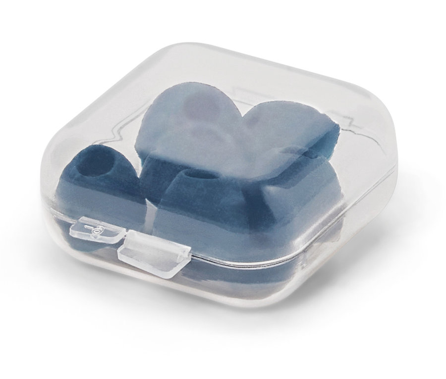 Blaue Ohrstöpsel in einer durchsichtigen Plastikbox.