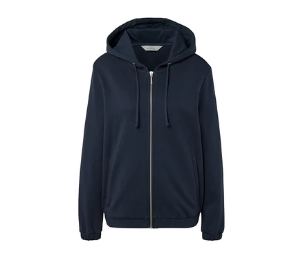 Dunkelblaue Sweatjacke mit Reißverschluss und Kapuze.