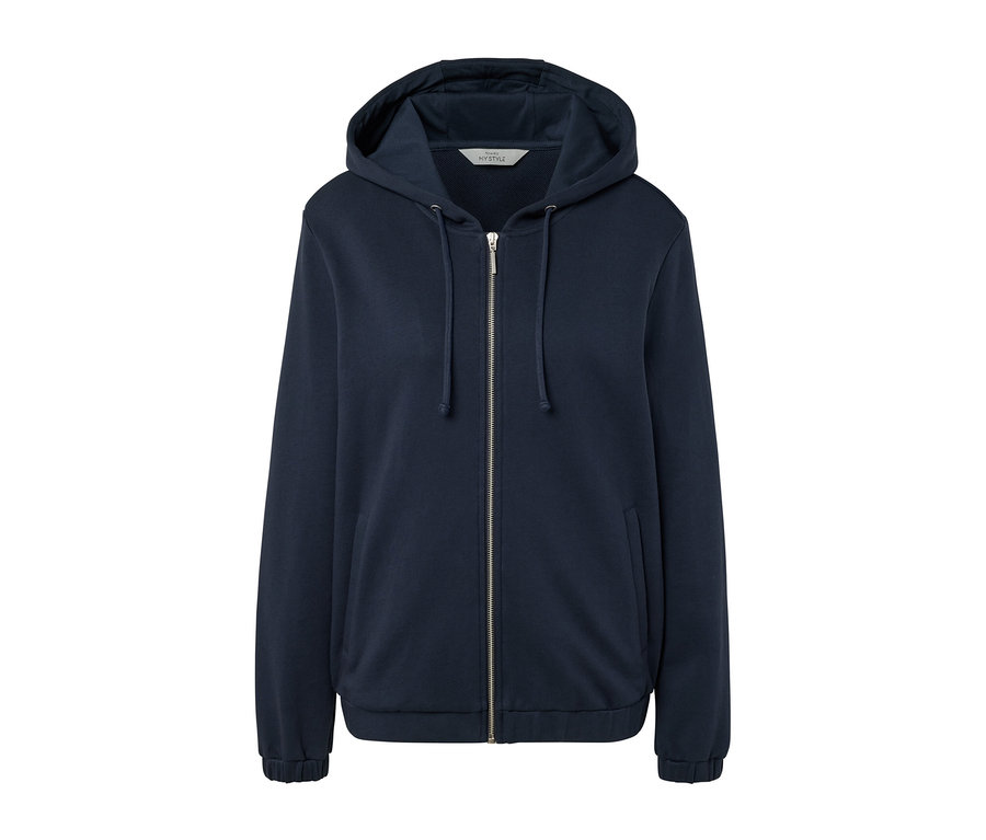 Dunkelblaue Sweatjacke mit Reißverschluss und Kapuze.
