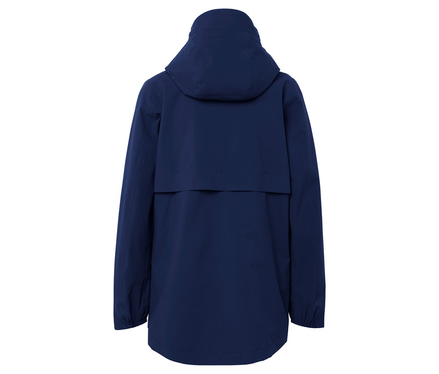 Rückansicht einer marineblauen Jacke mit Kapuze.