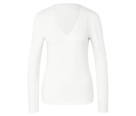 Weißes Langarmshirt mit V-Ausschnitt.