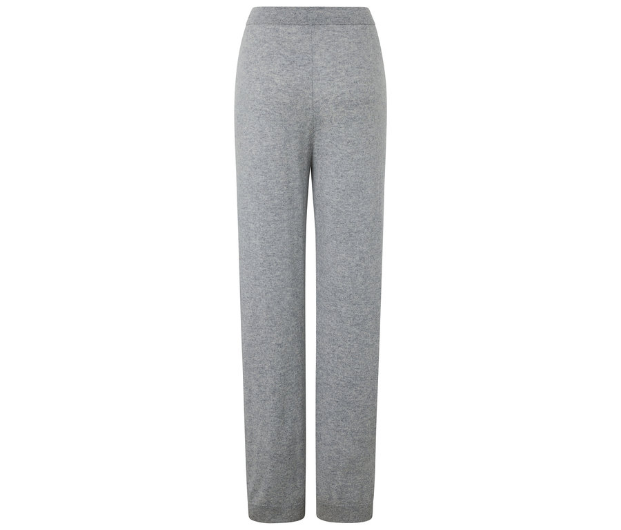 Eine graue, gestrickte Yogahose, dargestellt auf einem weißen Hintergrund.