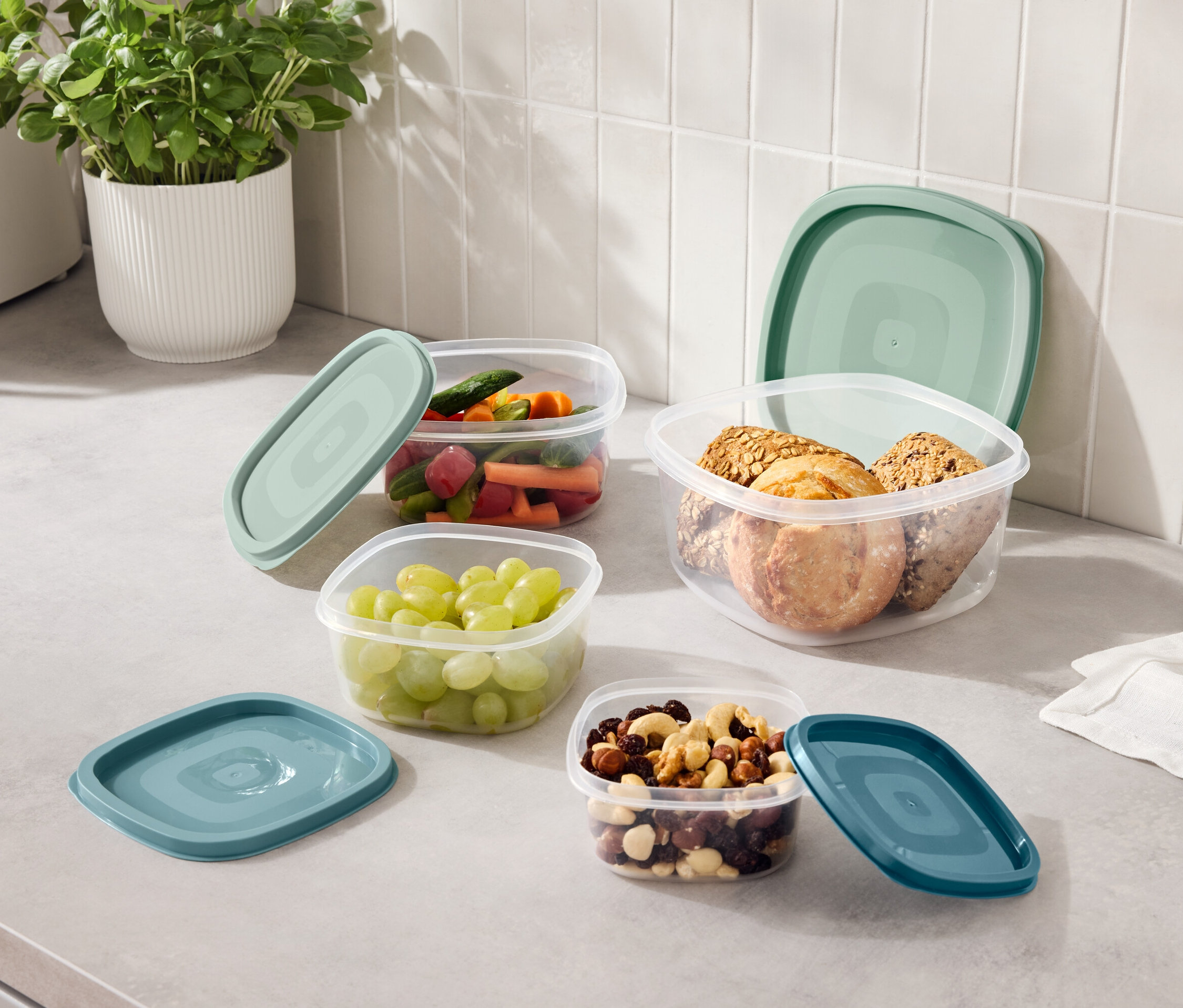 Auf einer Küchentheke stehen vier durchsichtige Behälter mit blaugrünen Deckeln, gefüllt mit Weintrauben, geschnittenem Gemüse, Nüssen und Keksen.
