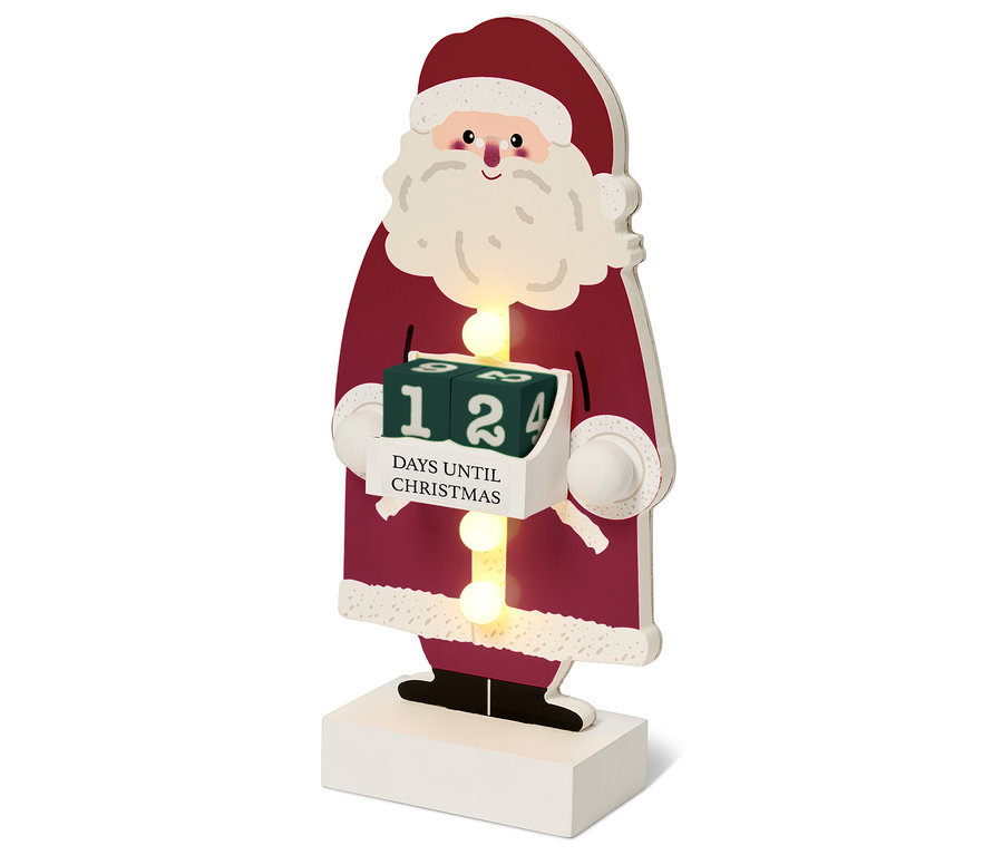 Hölzerne Santa Claus Dekoration mit Blöcken, die die Tage bis Weihnachten zählen.