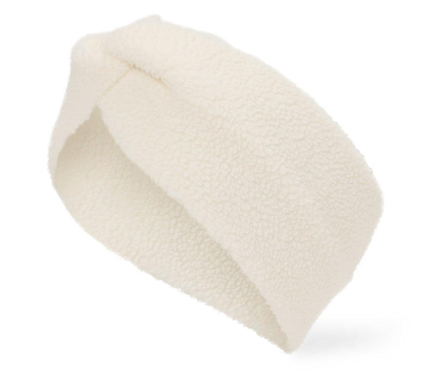 Nahaufnahme eines cremefarbenen Fleece-Stirnbandes auf weißem Hintergrund.