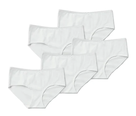 Sechs weiße 5er-Pack Pantys auf weißem Grund.