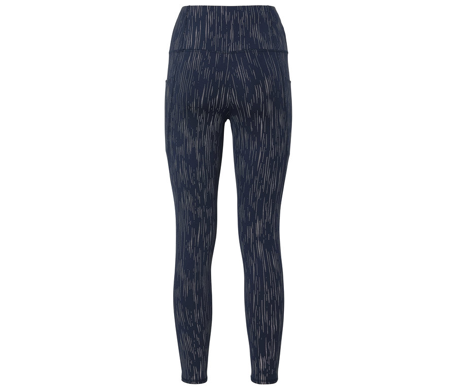 Dunkelblaue Leggings mit hohem Bund und einem Muster aus vertikalen Linien.