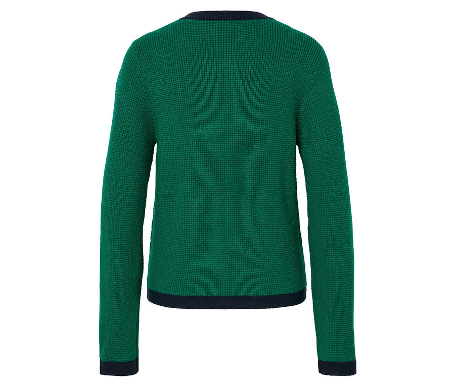 Rückansicht eines grünen Strickpullovers mit dunkelblauem Saum.