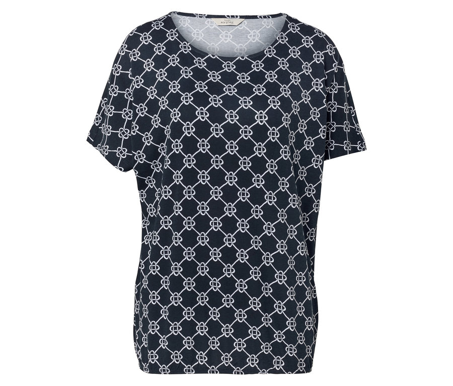Ein marineblaues T-Shirt mit einem weißen, sich wiederholenden Blumenmuster.