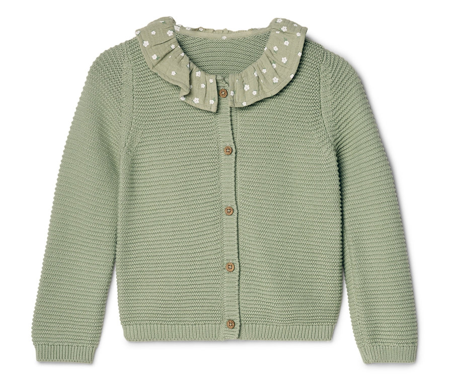 Hellgrüne Strickjacke mit Rüschenkragen und Knopfleiste.