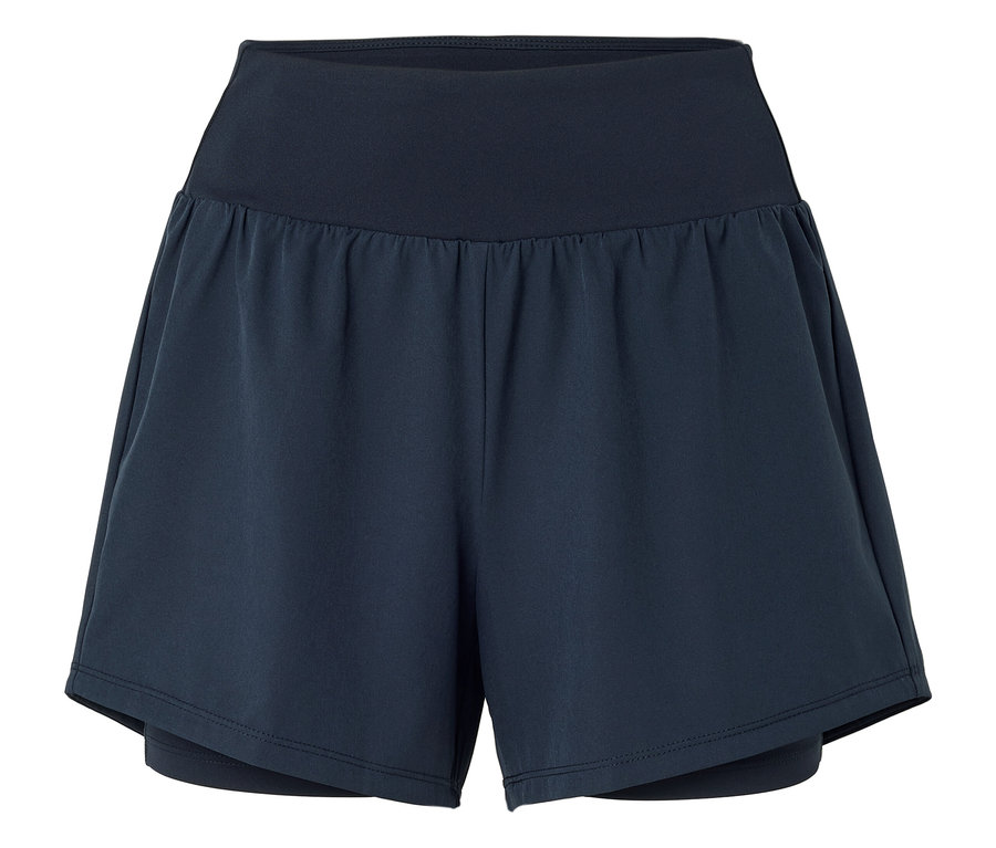 Eine dunkelblaue kurze Hose mit einem breiten, elastischen Bund.