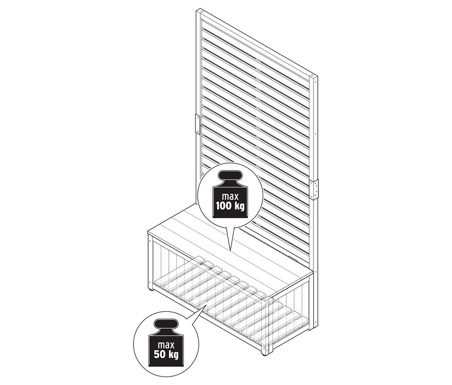 Draufsicht auf ein 2-in-1-Sichtschutz-Stauraumbank-Modul mit einer maximalen Tragfähigkeit von 100 kg auf der Sitzfläche und 50 kg im Stauraum.