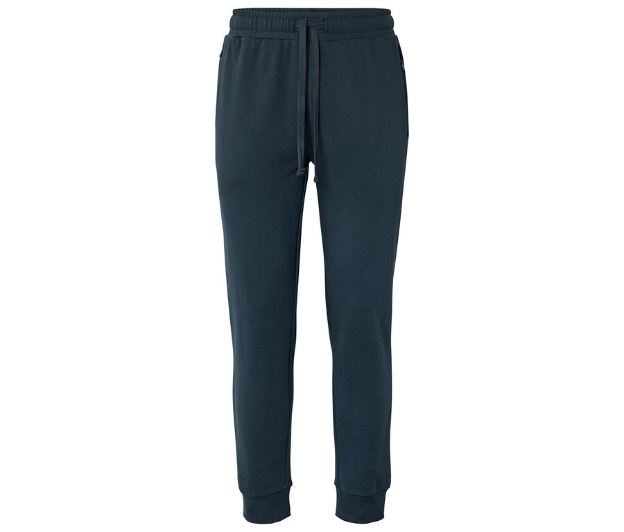 Eine dunkelblaue Jogginghose mit Kordelzug.