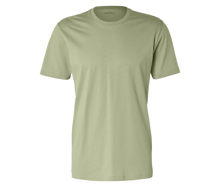 Ein hellgrünes T-Shirt mit Rundhalsausschnitt liegt flach auf einem weißen Hintergrund.