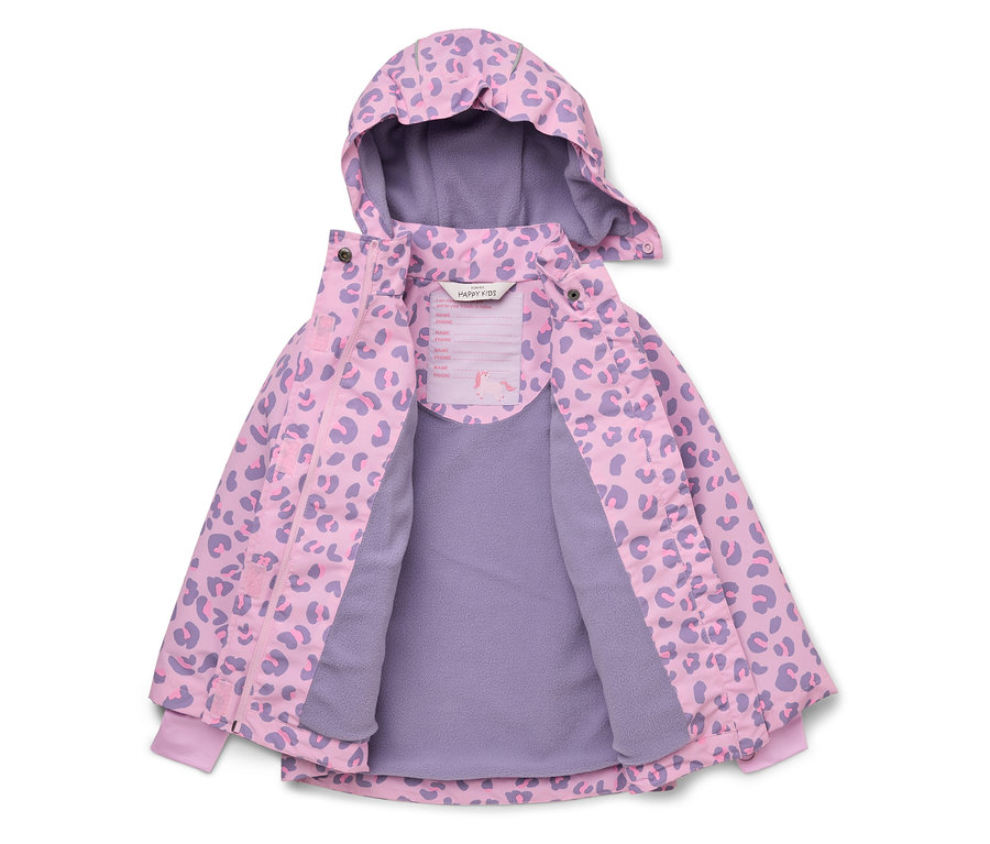 Geöffnete, hellrosa Kinderjacke mit Kapuze und lila Leopardenmuster und lila Innenfutter.