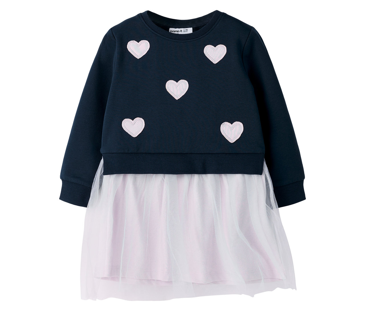 Das marineblaue NAME IT Sweatkleid mit Tüllrock hat fünf rosa Herzchen auf der Oberseite.