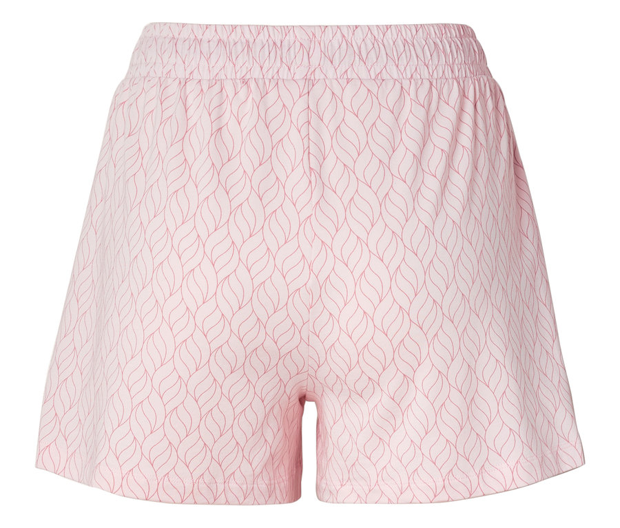 Nahaufnahme von kurzen, hellrosa Shorts mit Blattmuster und elastischem Bund.