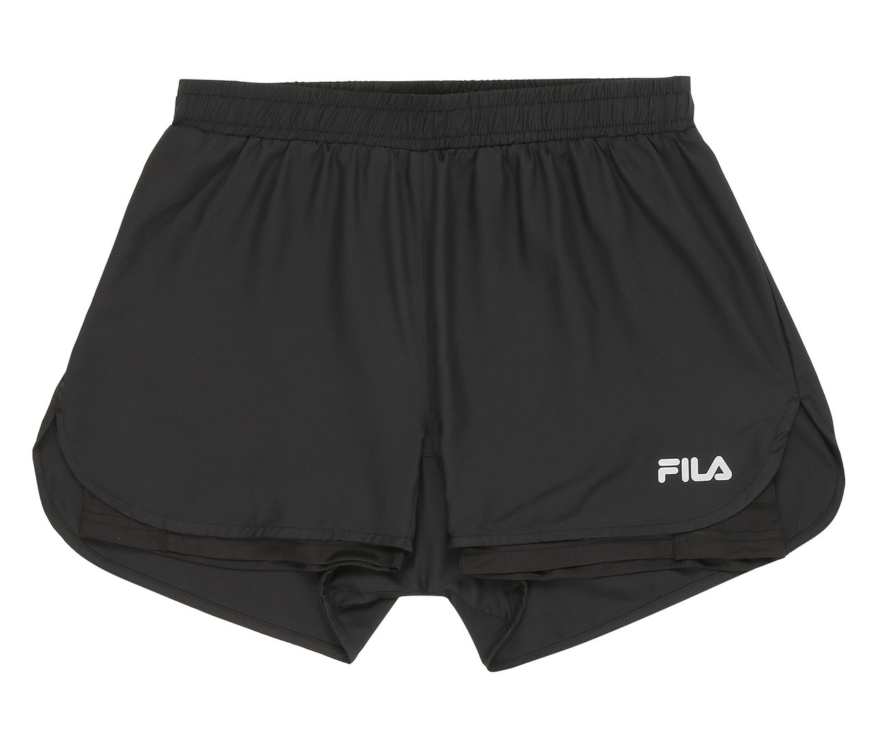 Schwarze FILA Damen-Funktionsshorts, frontal aufgenommen.