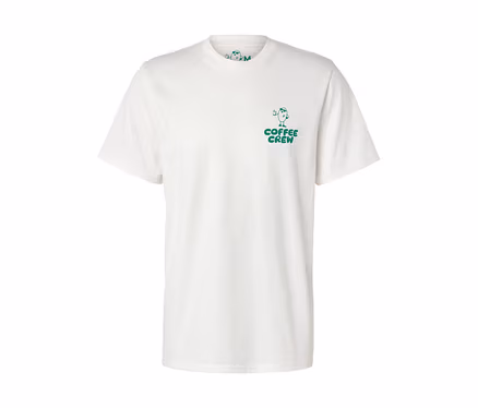 Weißes Unisex Coffee Crew T-Shirt mit kleinem, grünem Aufdruck.