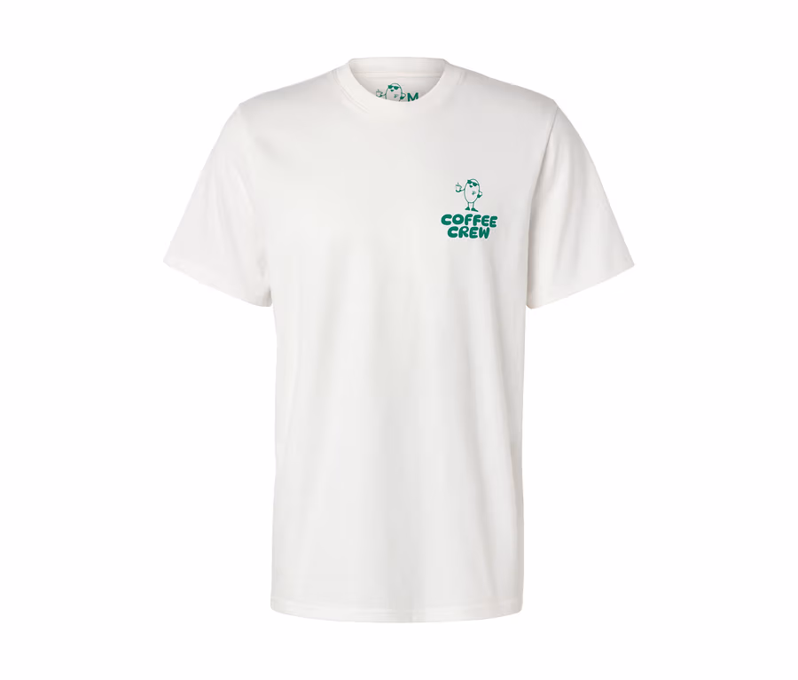 Weißes Unisex Coffee Crew T-Shirt mit kleinem, grünem Aufdruck.