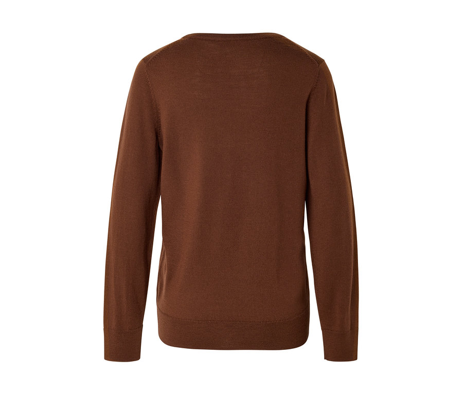 Rückansicht eines schlichten braunen Langarm-Pullovers mit Rundhalsausschnitt, gerippten Bündchen und Saum.